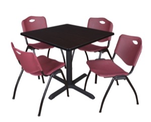 Cain 36" Square Breakroom Table - Mocha Walnut & 4 'M' Stack Chairs - Burgundy