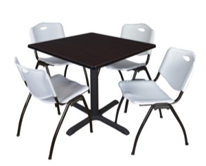 Cain 36" Square Breakroom Table - Mocha Walnut & 4 'M' Stack Chairs - Grey