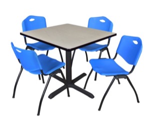 Cain 36" Square Breakroom Table - Maple & 4 'M' Stack Chairs - Blue