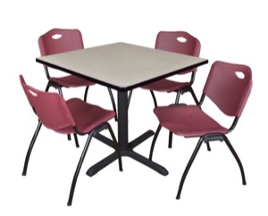 Cain 36" Square Breakroom Table - Maple & 4 'M' Stack Chairs - Burgundy