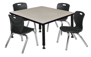 Kee 36" Square Height Adjustable Classroom Table  - Maple & 4 Andy 12-in Stack Chairs - Black