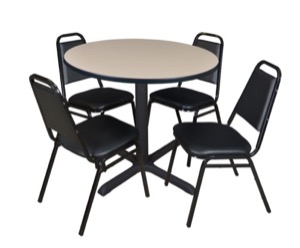 Cain 36" Round Breakroom Table - Beige & 4 Restaurant Stack Chairs - Black