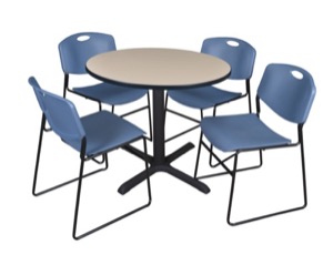 Cain 36" Round Breakroom Table - Beige & 4 Zeng Stack Chairs - Blue