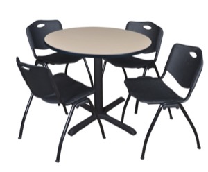 Cain 36" Round Breakroom Table - Beige & 4 'M' Stack Chairs - Black
