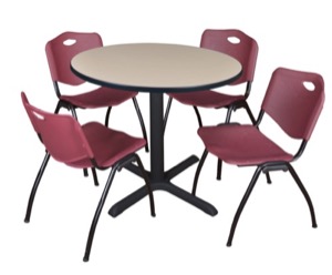 Cain 36" Round Breakroom Table - Beige & 4 'M' Stack Chairs - Burgundy