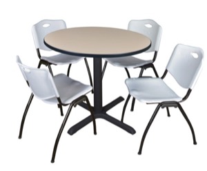 Cain 36" Round Breakroom Table - Beige & 4 'M' Stack Chairs - Grey