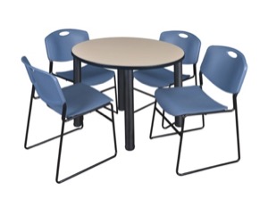 Kee 36" Round Breakroom Table - Beige/ Black & 4 Zeng Stack Chairs - Blue