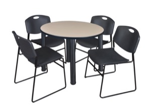 Kee 36" Round Breakroom Table - Beige/ Black & 4 Zeng Stack Chairs - Black