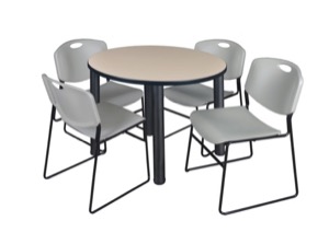 Kee 36" Round Breakroom Table - Beige/ Black & 4 Zeng Stack Chairs - Grey