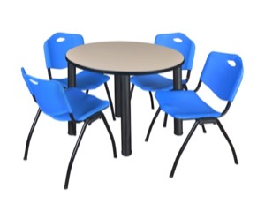 Kee 36" Round Breakroom Table - Beige/ Black & 4 'M' Stack Chairs - Blue