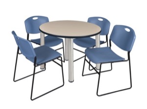 Kee 36" Round Breakroom Table - Beige/ Chrome & 4 Zeng Stack Chairs - Blue