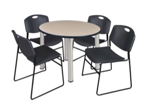 Kee 36" Round Breakroom Table - Beige/ Chrome & 4 Zeng Stack Chairs - Black