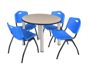 Kee 36" Round Breakroom Table - Beige/ Chrome & 4 'M' Stack Chairs - Blue
