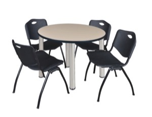 Kee 36" Round Breakroom Table - Beige/ Chrome & 4 'M' Stack Chairs - Black