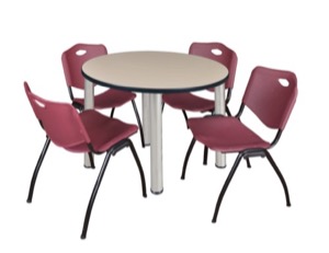 Kee 36" Round Breakroom Table - Beige/ Chrome & 4 'M' Stack Chairs - Burgundy