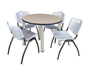 Kee 36" Round Breakroom Table - Beige/ Chrome & 4 'M' Stack Chairs - Grey