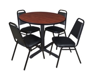 Cain 36" Round Breakroom Table - Cherry & 4 Restaurant Stack Chairs - Black