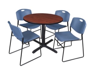 Cain 36" Round Breakroom Table - Cherry & 4 Zeng Stack Chairs - Blue