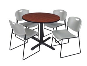 Cain 36" Round Breakroom Table - Cherry & 4 Zeng Stack Chairs - Grey
