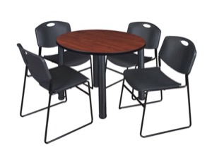 Kee 36" Round Breakroom Table - Cherry/ Black & 4 Zeng Stack Chairs - Black