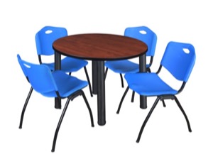 Kee 36" Round Breakroom Table - Cherry/ Black & 4 'M' Stack Chairs - Blue