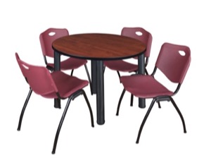 Kee 36" Round Breakroom Table - Cherry/ Black & 4 'M' Stack Chairs - Burgundy