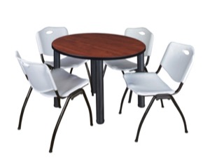 Kee 36" Round Breakroom Table - Cherry/ Black & 4 'M' Stack Chairs - Grey