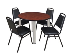 Kee 36" Round Breakroom Table - Cherry/ Chrome & 4 Restaurant Stack Chairs - Black