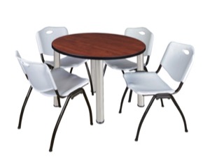 Kee 36" Round Breakroom Table - Cherry/ Chrome & 4 'M' Stack Chairs - Grey