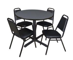 Cain 36" Round Breakroom Table - Grey & 4 Restaurant Stack Chairs - Black