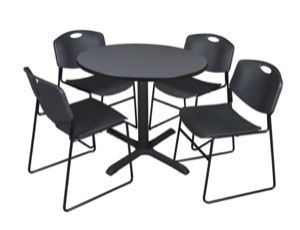 Cain 36" Round Breakroom Table - Grey & 4 Zeng Stack Chairs - Black