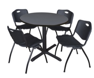 Cain 36" Round Breakroom Table - Grey & 4 'M' Stack Chairs - Black
