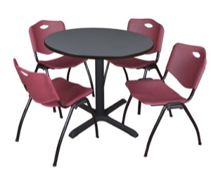 Cain 36" Round Breakroom Table - Grey & 4 'M' Stack Chairs - Burgundy