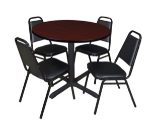 Cain 36" Round Breakroom Table - Mahogany & 4 Restaurant Stack Chairs - Black