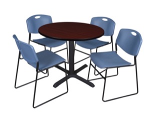 Cain 36" Round Breakroom Table - Mahogany & 4 Zeng Stack Chairs - Blue