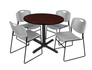 Cain 36" Round Breakroom Table - Mahogany & 4 Zeng Stack Chairs - Grey