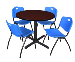 Cain 36" Round Breakroom Table - Mahogany & 4 'M' Stack Chairs - Blue