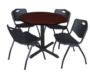 Cain 36" Round Breakroom Table - Mahogany & 4 'M' Stack Chairs - Black