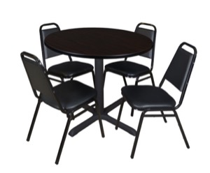 Cain 36" Round Breakroom Table - Mocha Walnut & 4 Restaurant Stack Chairs - Black