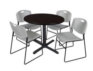 Cain 36" Round Breakroom Table - Mocha Walnut & 4 Zeng Stack Chairs - Grey