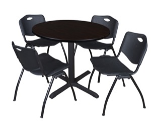 Cain 36" Round Breakroom Table - Mocha Walnut & 4 'M' Stack Chairs - Black