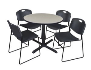 Cain 36" Round Breakroom Table - Maple & 4 Zeng Stack Chairs - Black