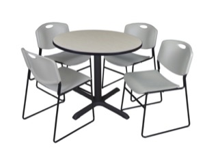 Cain 36" Round Breakroom Table - Maple & 4 Zeng Stack Chairs - Grey