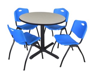 Cain 36" Round Breakroom Table - Maple & 4 'M' Stack Chairs - Blue
