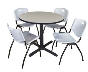 Cain 36" Round Breakroom Table - Maple & 4 'M' Stack Chairs - Grey