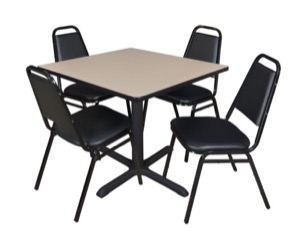 Cain 42" Square Breakroom Table - Beige & 4 Restaurant Stack Chairs - Black