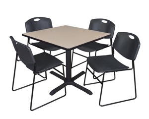 Cain 42" Square Breakroom Table - Beige & 4 Zeng Stack Chairs - Black