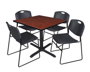 Cain 42" Square Breakroom Table - Cherry & 4 Zeng Stack Chairs - Black