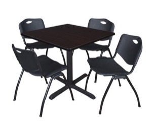 Cain 42" Square Breakroom Table - Mocha Walnut & 4 'M' Stack Chairs - Black