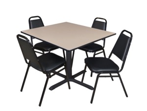 Cain 48" Square Breakroom Table - Beige & 4 Restaurant Stack Chairs - Black